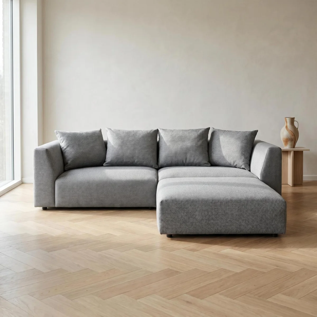 Tokyo Corner Sofa in Olive Green Brushed Tweed Fabric with Deep Seat - Classic Grey