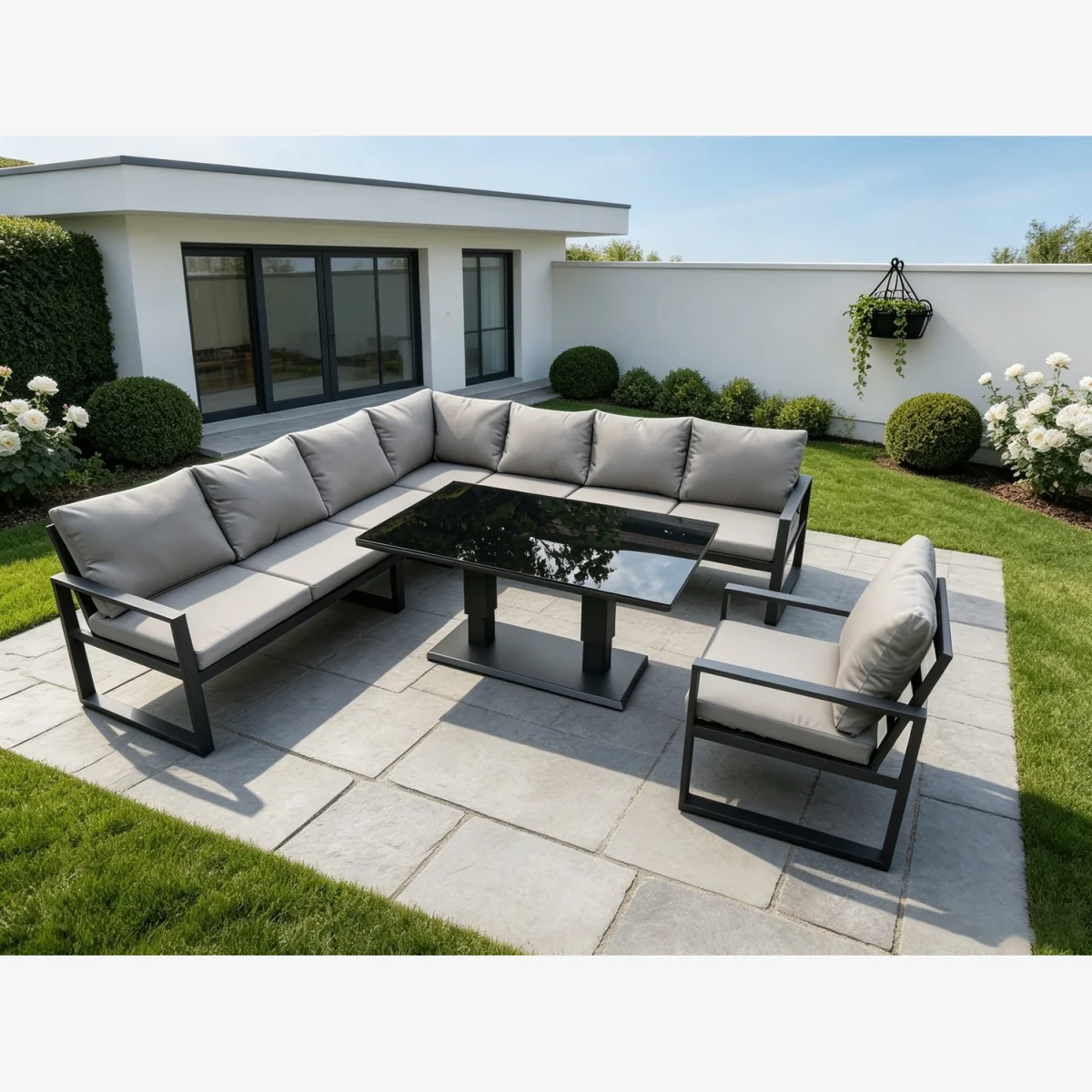 Fimous 8-Seater Corner Sofa Set with Rising Table & Chair - Dark Grey