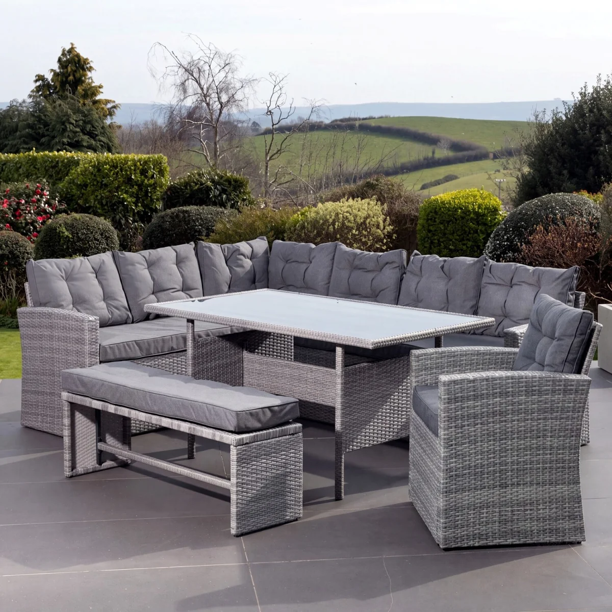 Piana 10 Seat Rattan Corner Sofa with Table, Bench and Chair - Grey – image 1