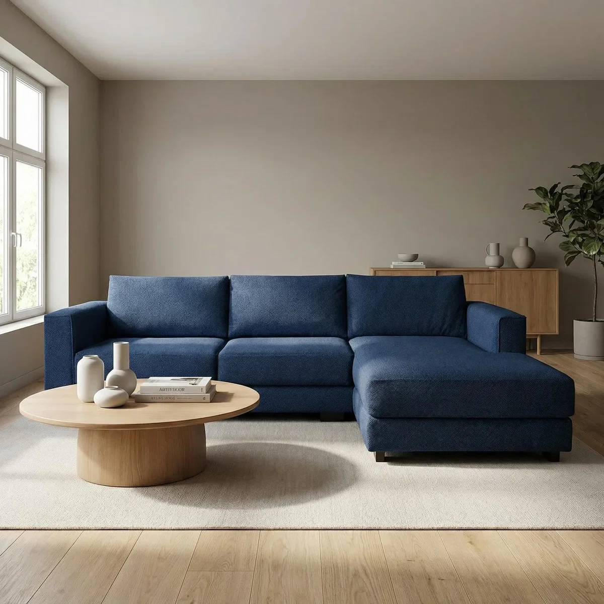 Kaizer Corner Sofa with Bubble Fabric Right Facing Light Brown - Dark Blue