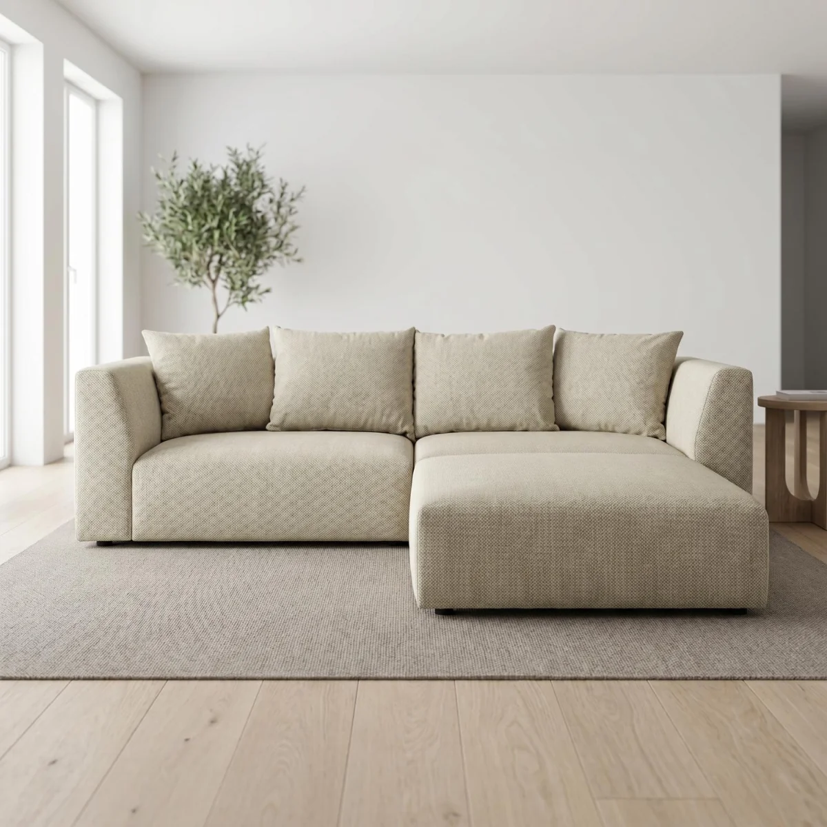 Tokyo Corner Sofa in Deep Black Basket Weave Fabric with Deep Seat - Warm Beige