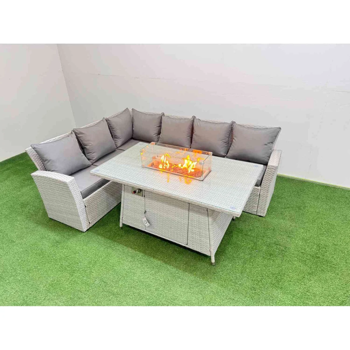 Fimous 6-Seat Rattan Corner Sofa Set with Gas Fire Pit Table, Light Grey. - Light Grey Mixed – image 3