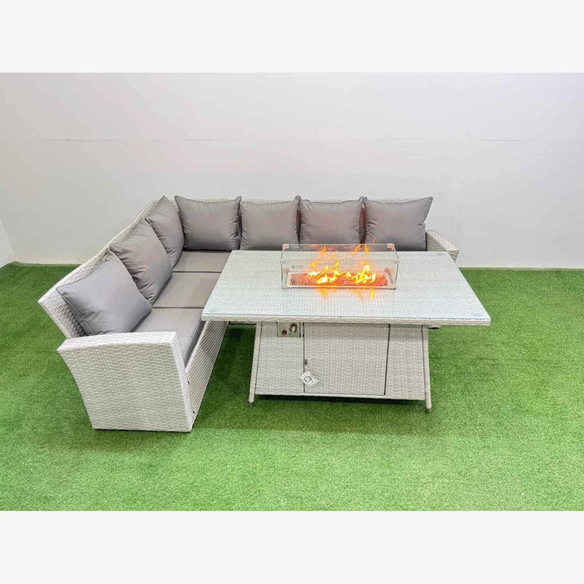 Fimous 6-Seat Rattan Corner Sofa Set with Gas Fire Pit Table, Light Grey. - Light Grey Mixed – image 1