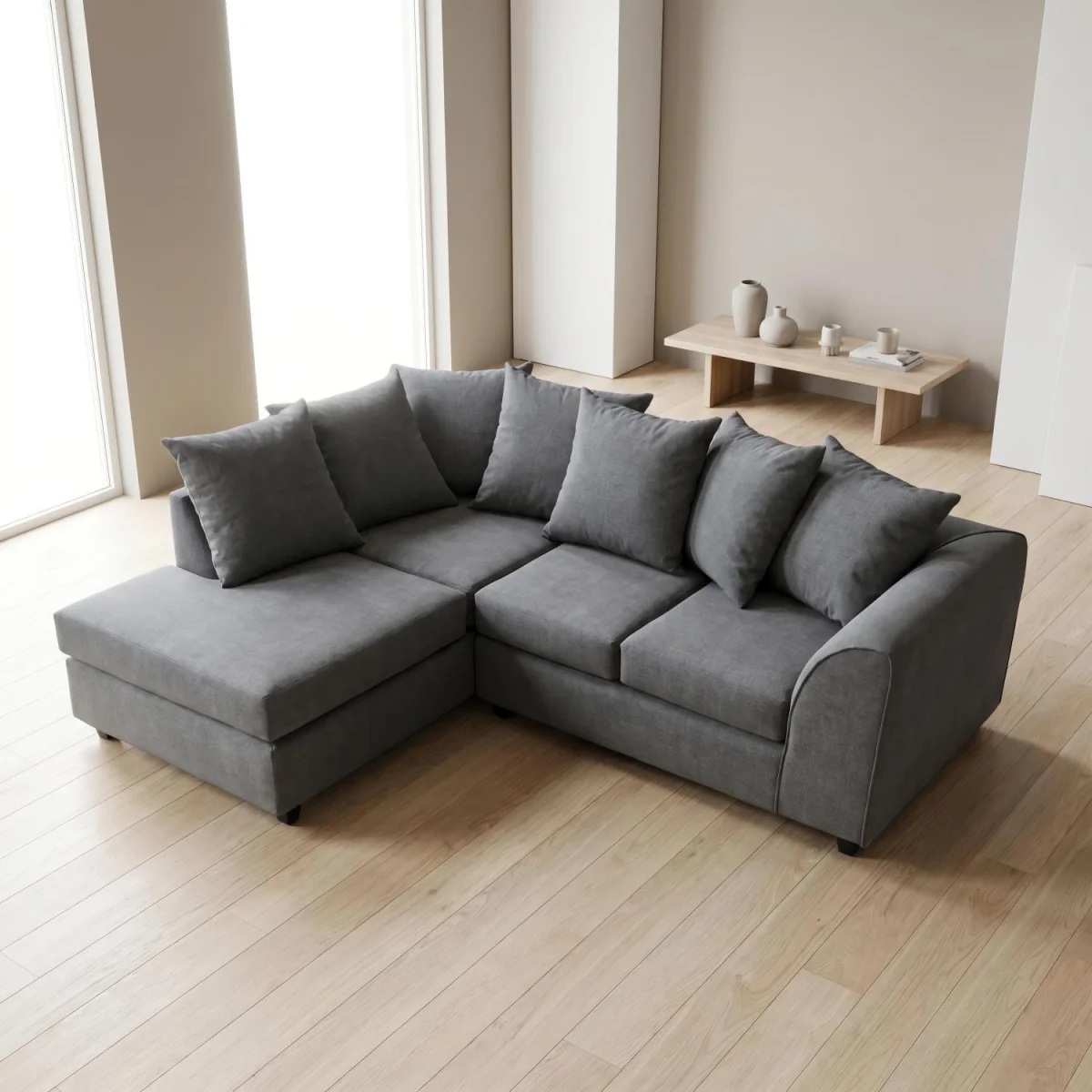 Harriet Relaxed Linen Corner Sofa with Chaise and Scatter Cushions - Charcoal – image 3