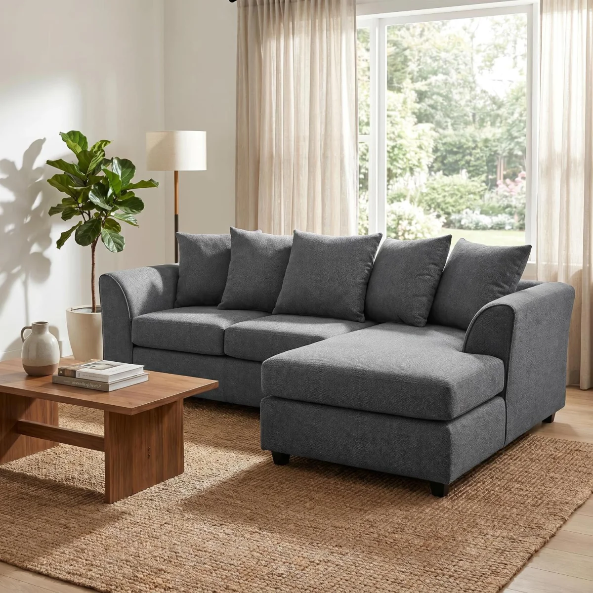 Harriet Relaxed Linen Corner Sofa with Chaise and Scatter Cushions - Charcoal – image 9