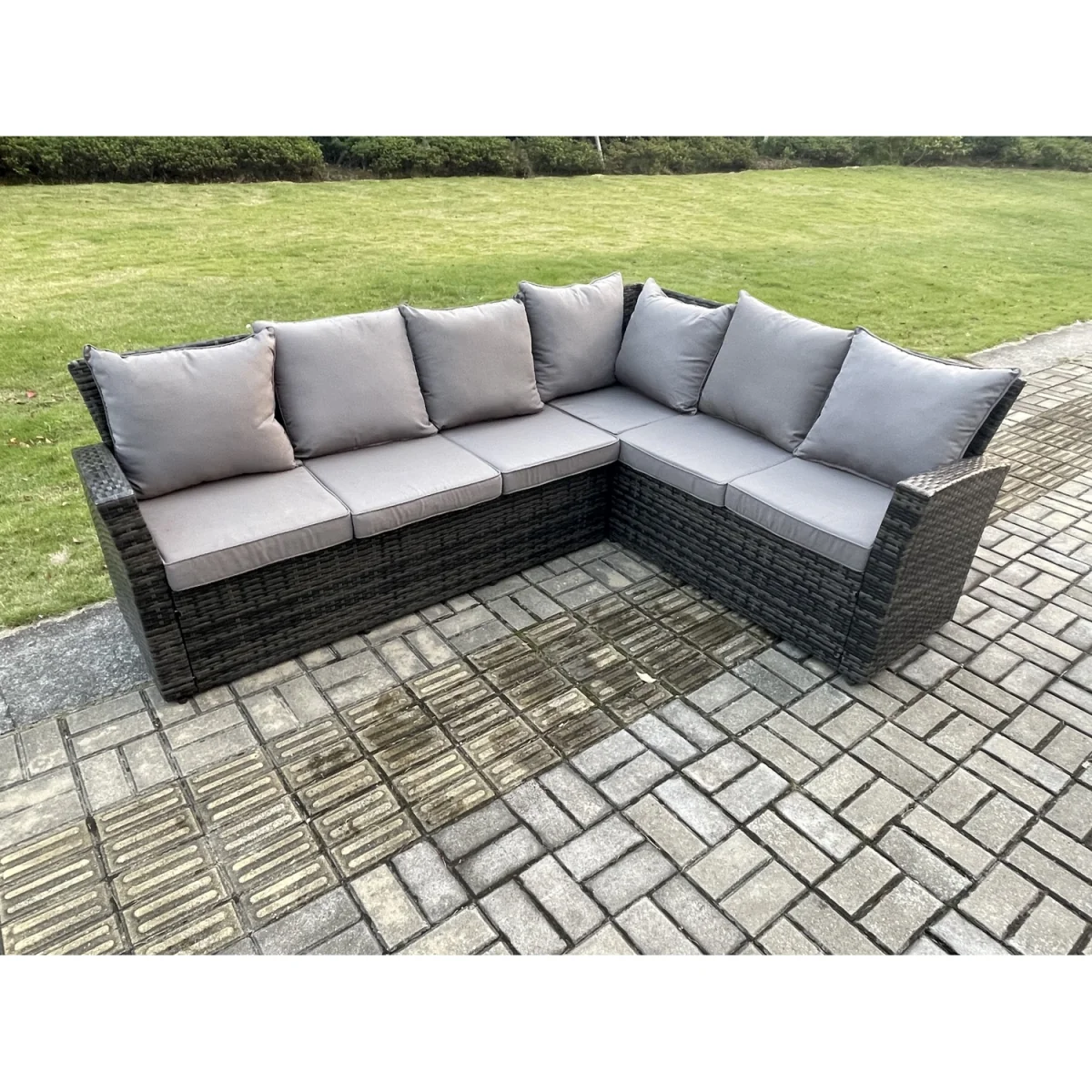 Fimous 7-Seater Rattan Corner Sofa Set with Square Table & Footstool - Dark Grey - Dark grey mixed rattan with dark grey fabric – image 4
