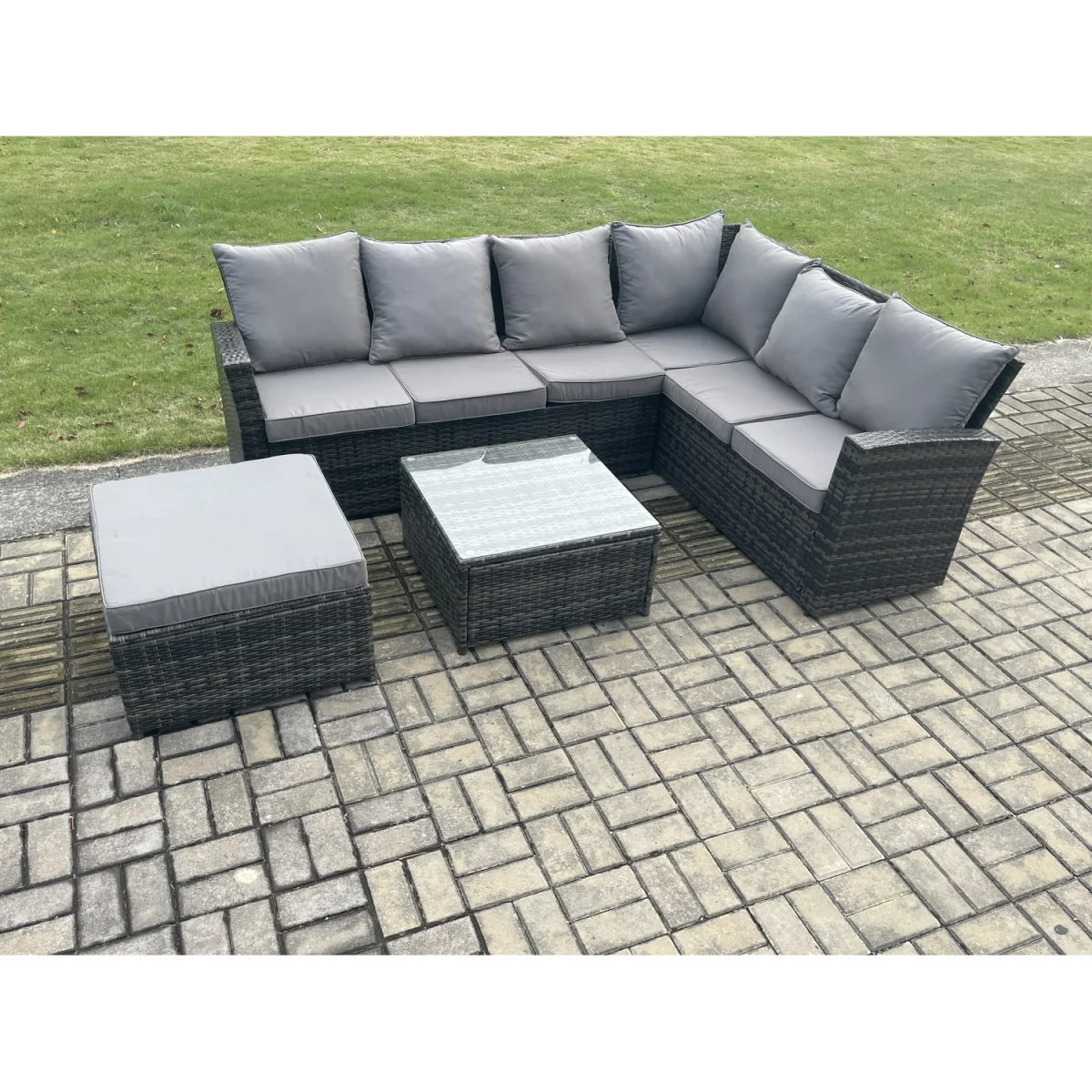 Fimous 7-Seater Rattan Corner Sofa Set with Square Table & Footstool - Dark Grey - Dark grey mixed rattan with dark grey fabric – image 5