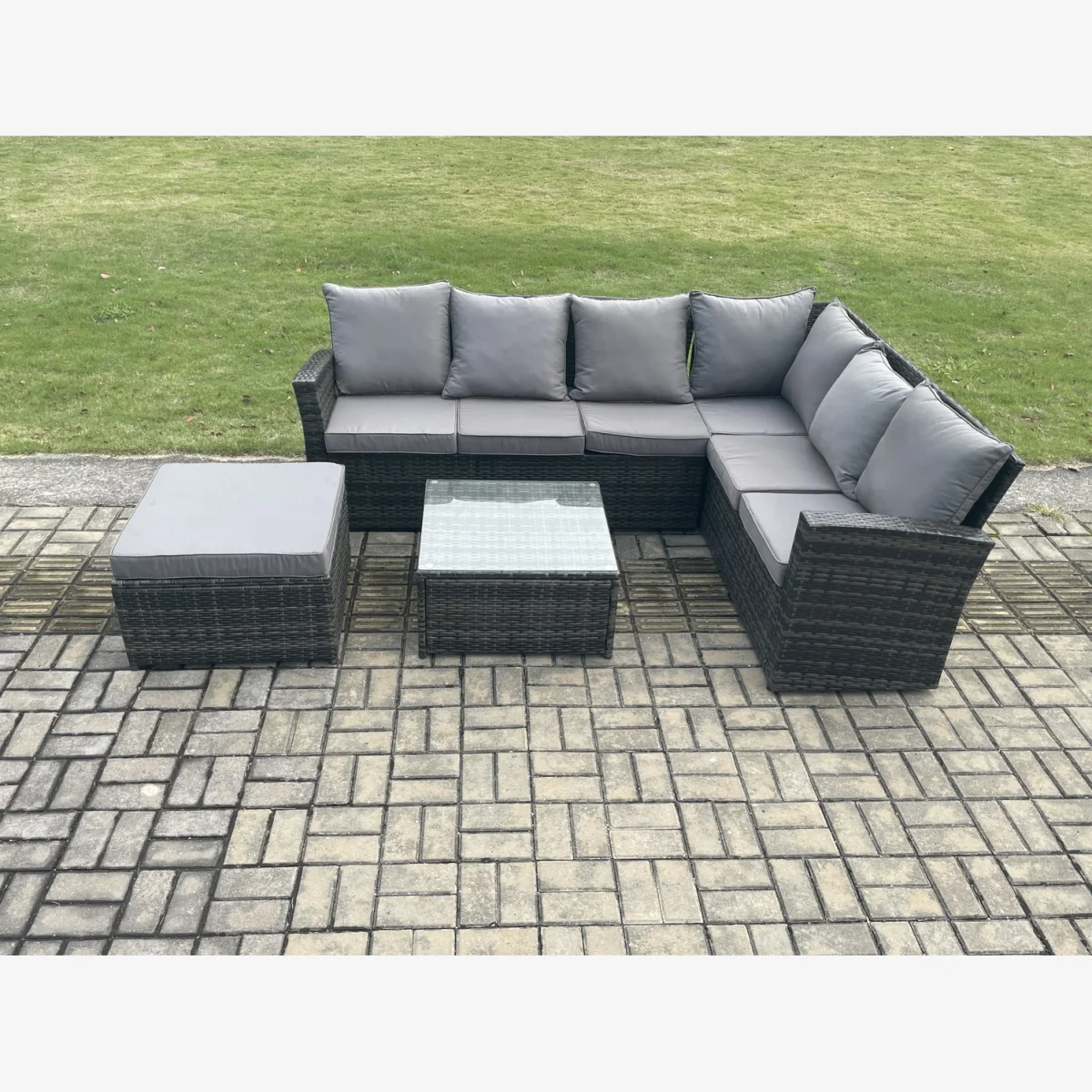Fimous 7-Seater Rattan Corner Sofa Set with Square Table & Footstool - Dark Grey - Dark grey mixed rattan with dark grey fabric – image 1
