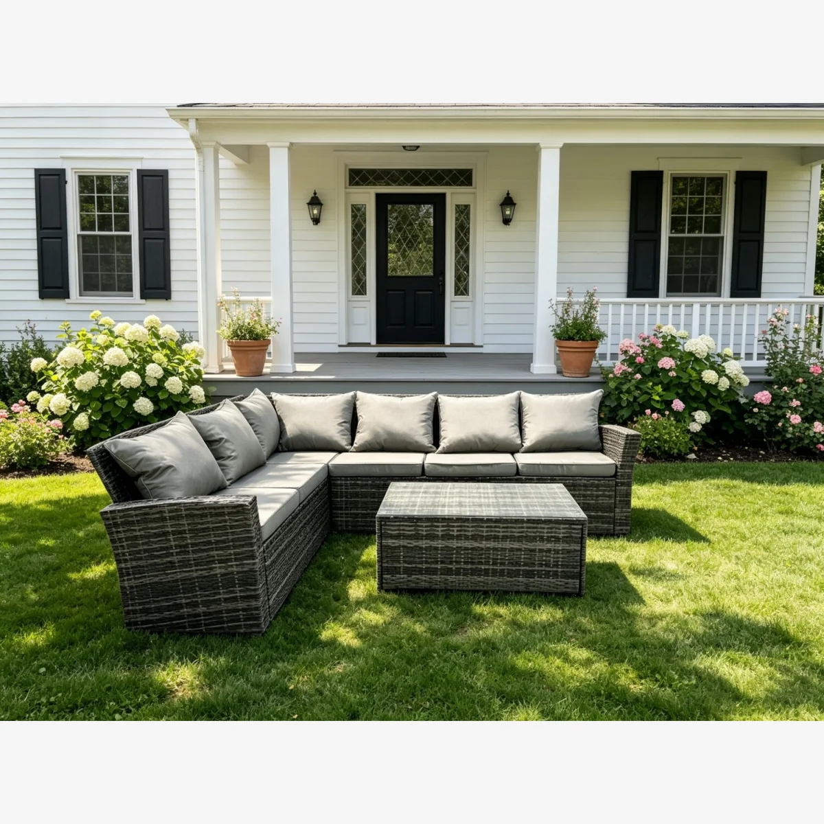 High Back Rattan Corner Sofa Set with Oblong Coffee Table Left Option - Dark Grey Mixed