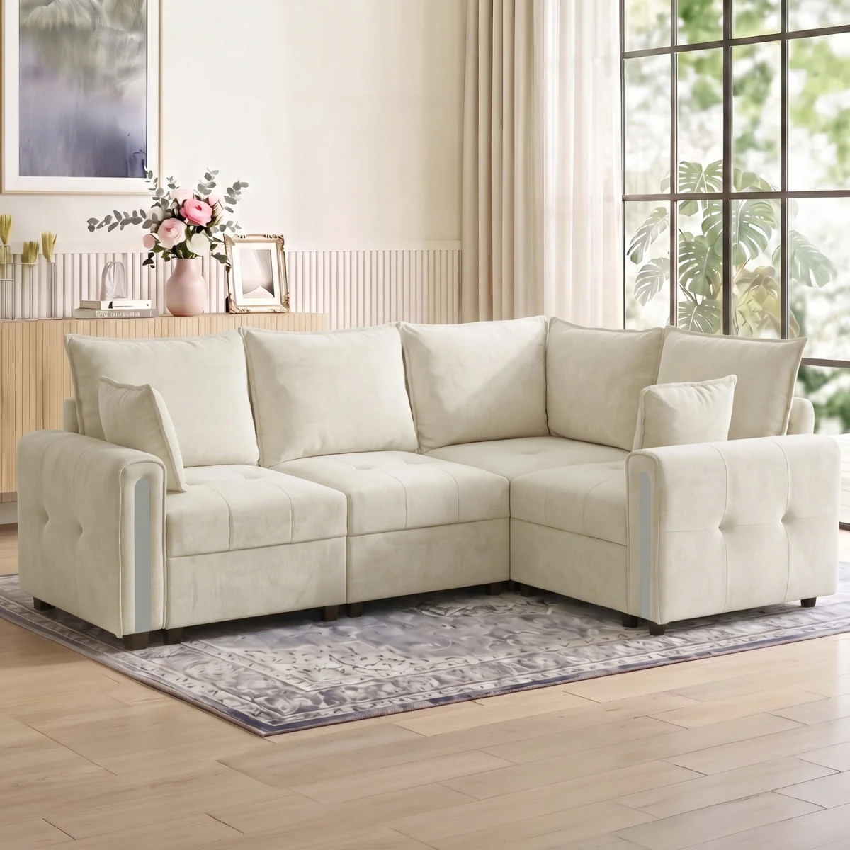 HOMCOM 228cm L Shaped Sofa 3-Seater Sectional Sofa with Storage, Beige – image 1