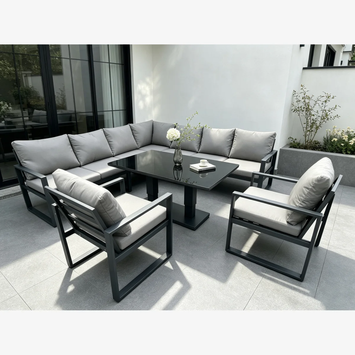 Fimous 9-Seater Corner Sofa Set with Rising Dining Table & Armchair - Dark Grey