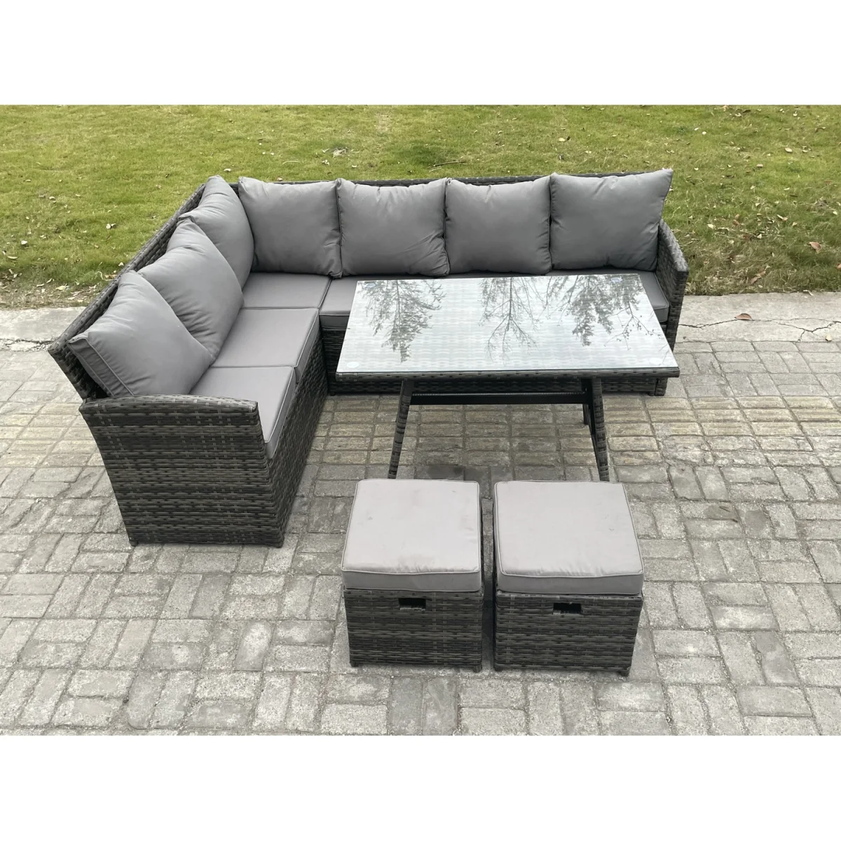 Fimous 8-Seater PE Rattan Corner Sofa Set with Glass Table and 2 Footstools - Dark grey mixed rattan with dark grey fabric – image 5