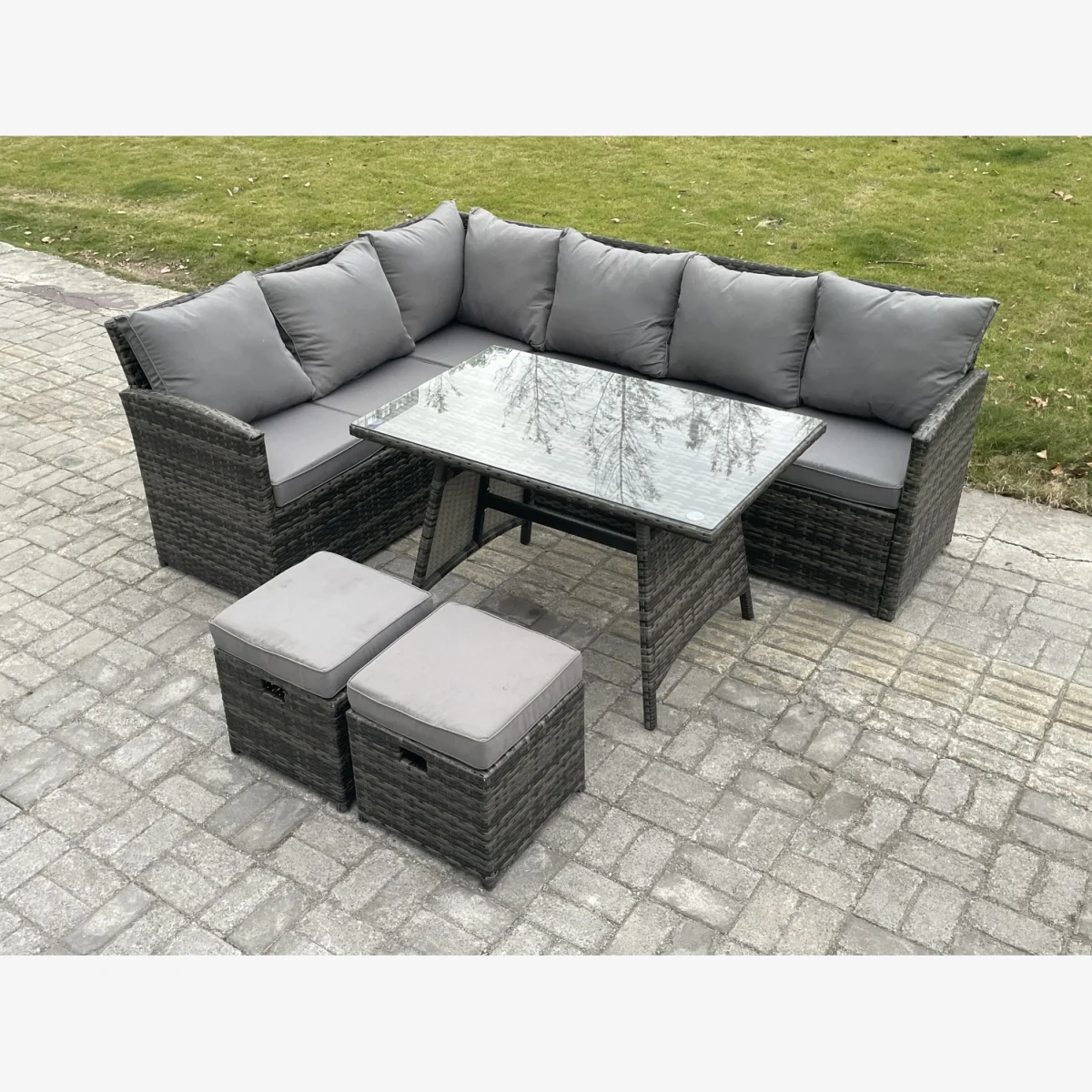 Fimous 8-Seater PE Rattan Corner Sofa Set with Glass Table and 2 Footstools - Dark grey mixed rattan with dark grey fabric – image 1