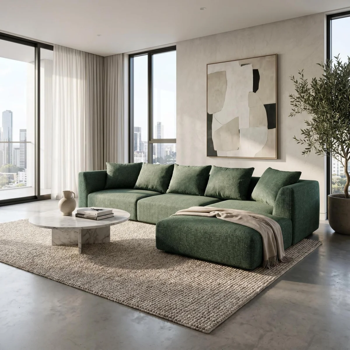 Tokyo Large Corner Sofa in Warm Taupe Brushed Tweed Fabric with Deep Seat - Olive Green