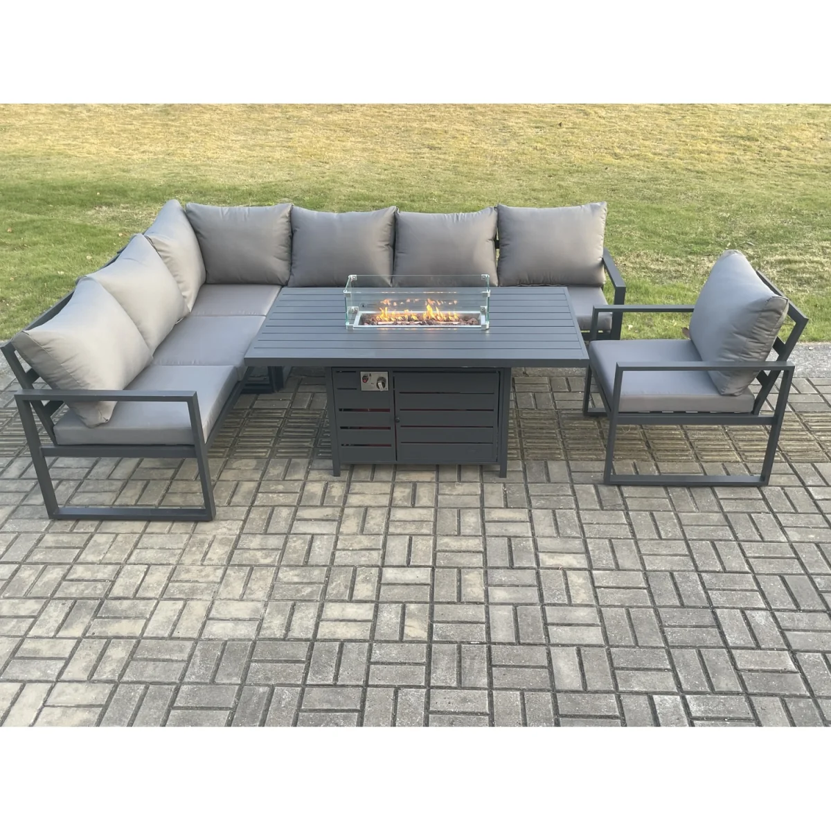 Fimous Aluminium 7-Seater Corner Sofa with Gas Fire Pit Dining Table, Dark Grey. - Dark Grey – image 2