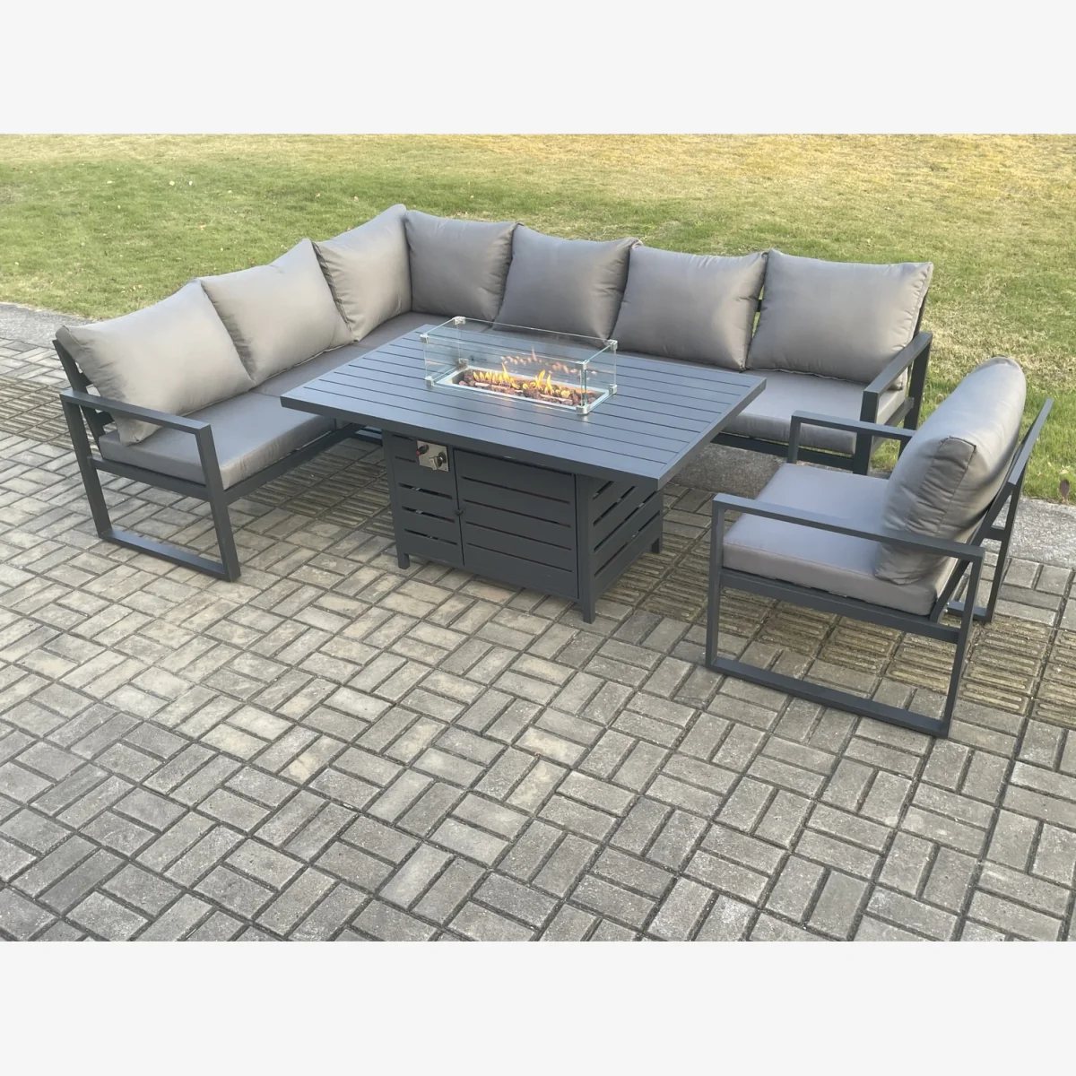 Fimous Aluminium 7-Seater Corner Sofa with Gas Fire Pit Dining Table, Dark Grey. - Dark Grey – image 1