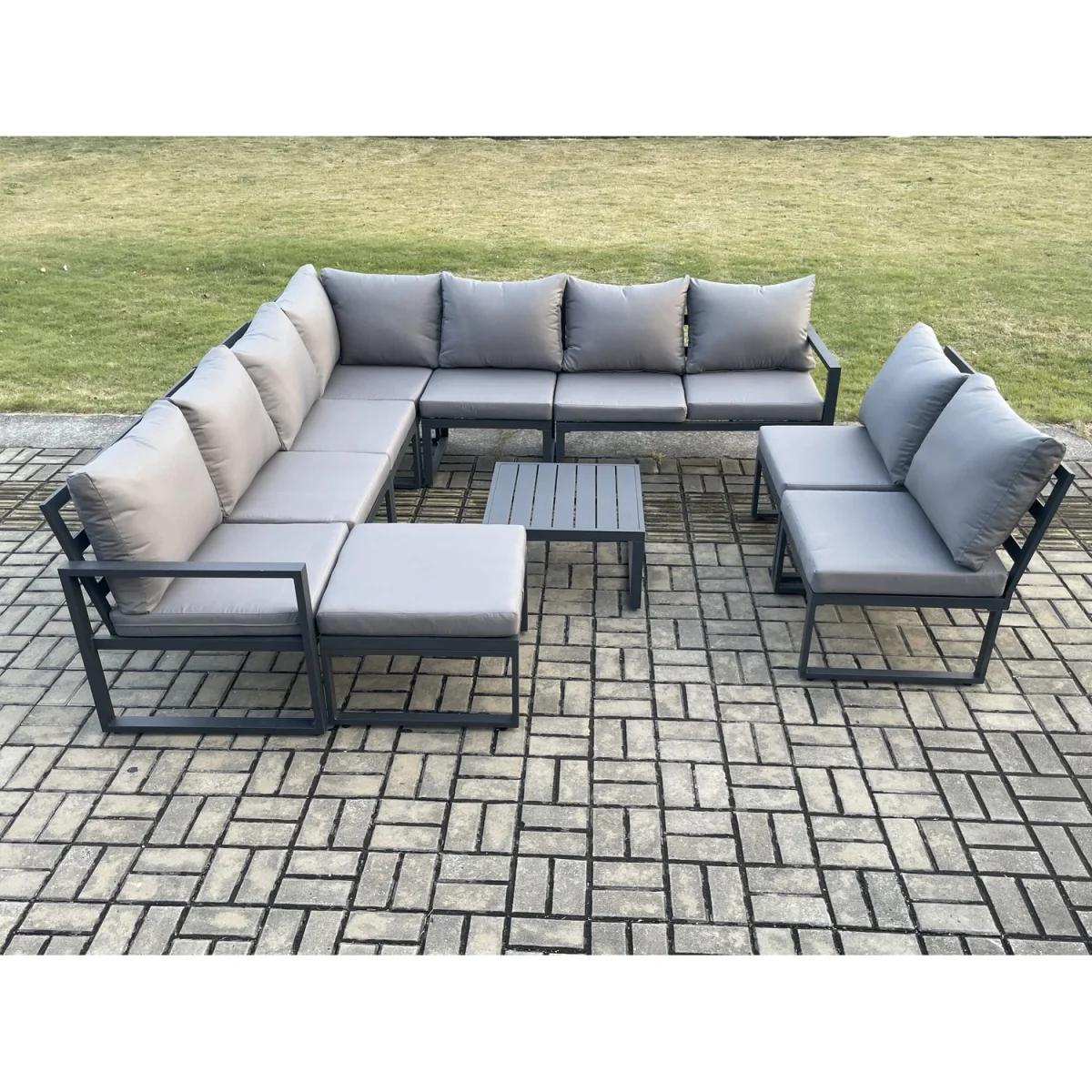 Fimous 10-Seater Aluminium Corner Sofa Set with Square Coffee Table & Footstool Dark Grey - Dark Grey – image 2