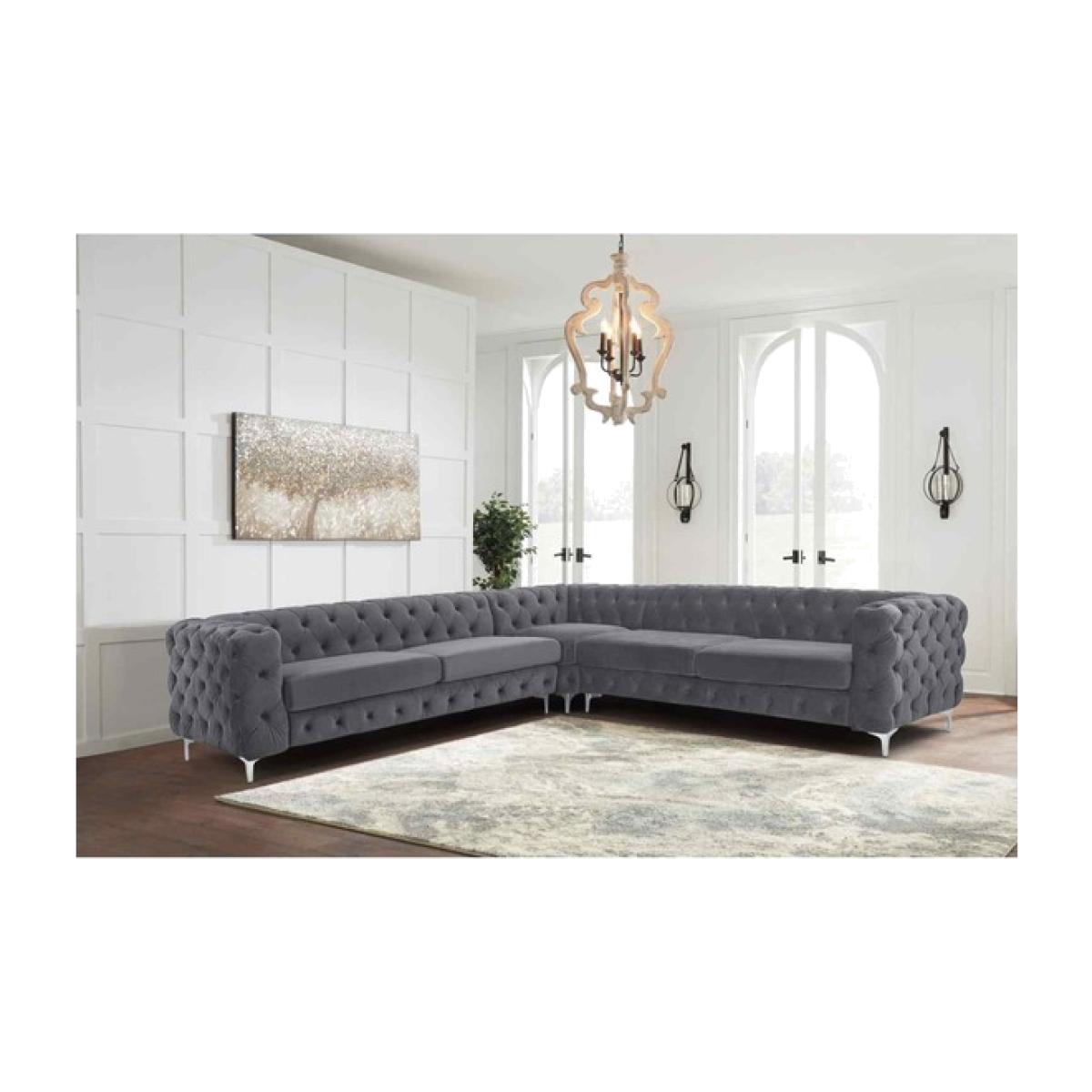 Leonardo Large Corner Sofa in Velour Fabric - Grey