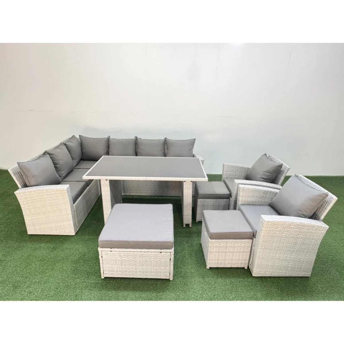 Fimous 11-Seater Wicker Rattan Corner Sofa Set with Tempered Glass Table, Light Grey - Light Grey Mixed – image 5