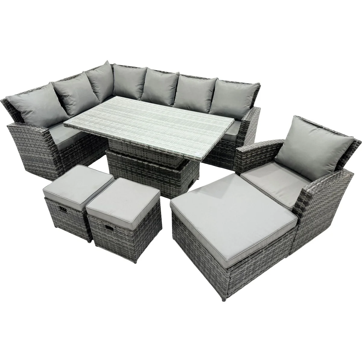 Fimous Poly Rattan Corner Sofa Set with Adjustable Rising Table & 3 Stools - Dark Grey Mixed – image 2