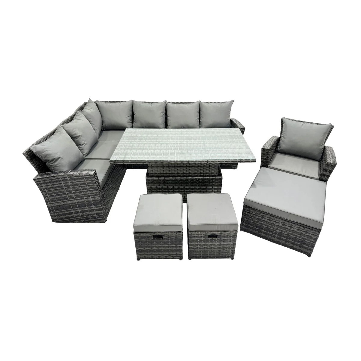 Fimous Poly Rattan Corner Sofa Set with Adjustable Rising Table & 3 Stools - Dark Grey Mixed – image 1
