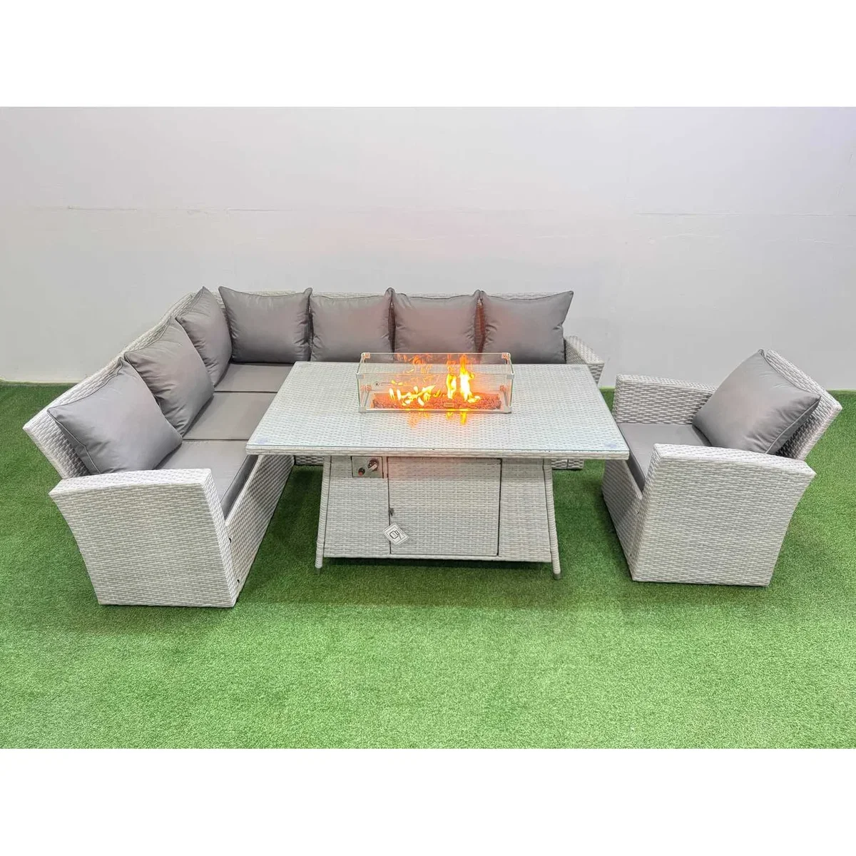 Fimous 7-Seat Rattan Corner Sofa Set with Gas Fire Pit Table, Light Grey. - Light Grey Mixed rattan with dark grey fabric – image 4
