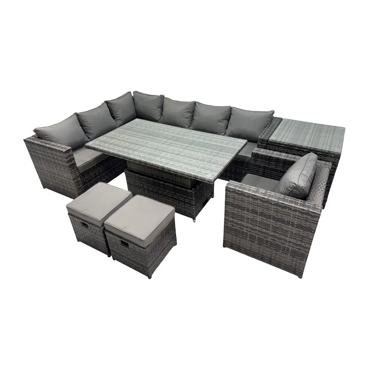 Fimous 9-Seater Height-Adjustable Rattan Corner Sofa Set with Rising Dining Table, Dark Grey Mixed. - Dark Grey Mixed – image 1