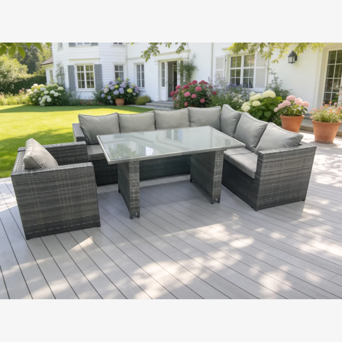 Lounge Rattan Corner Sofa Set Rectangular Dining Table Chair - Dark Grey Mixed – image 1