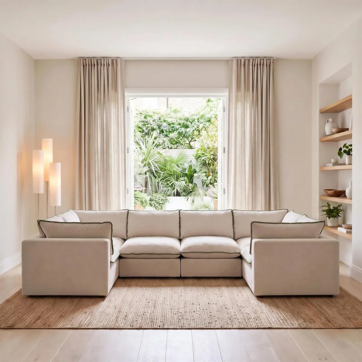 Echo Linen-Look Fabric 5 Seater U-Shaped Modular Corner Sofa - Cream & Green Trim – image 2