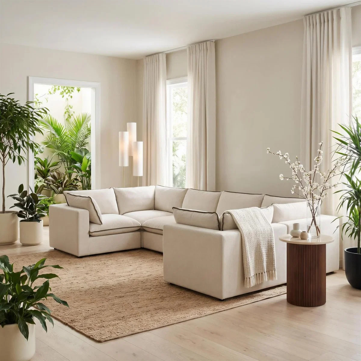 Echo Linen-Look Fabric 5 Seater U-Shaped Modular Corner Sofa - Cream & Green Trim – image 5