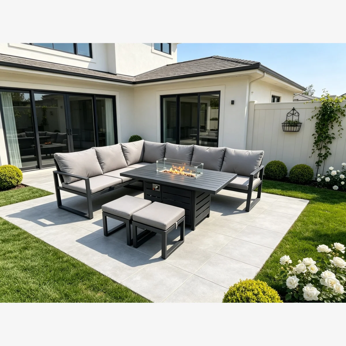 Fimous 8-Seater Aluminum Corner Sofa with Gas Fire Pit - Dark Grey