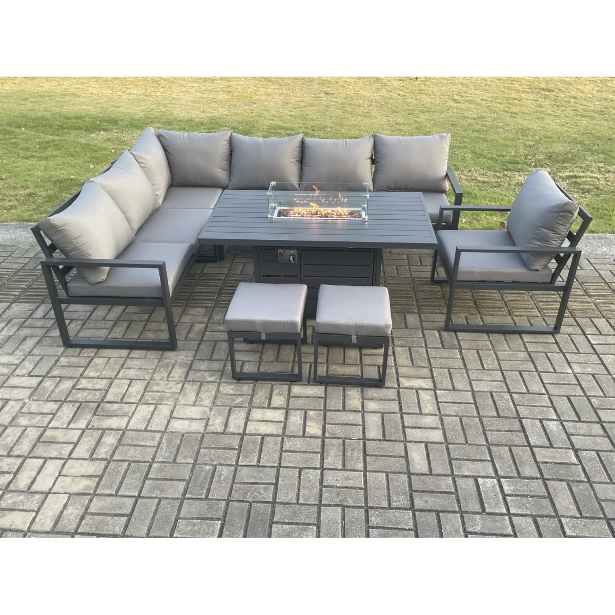 Fimous Aluminium Patio Corner Sofa Set with Gas Fire Pit, Dark Grey - Dark Grey – image 2