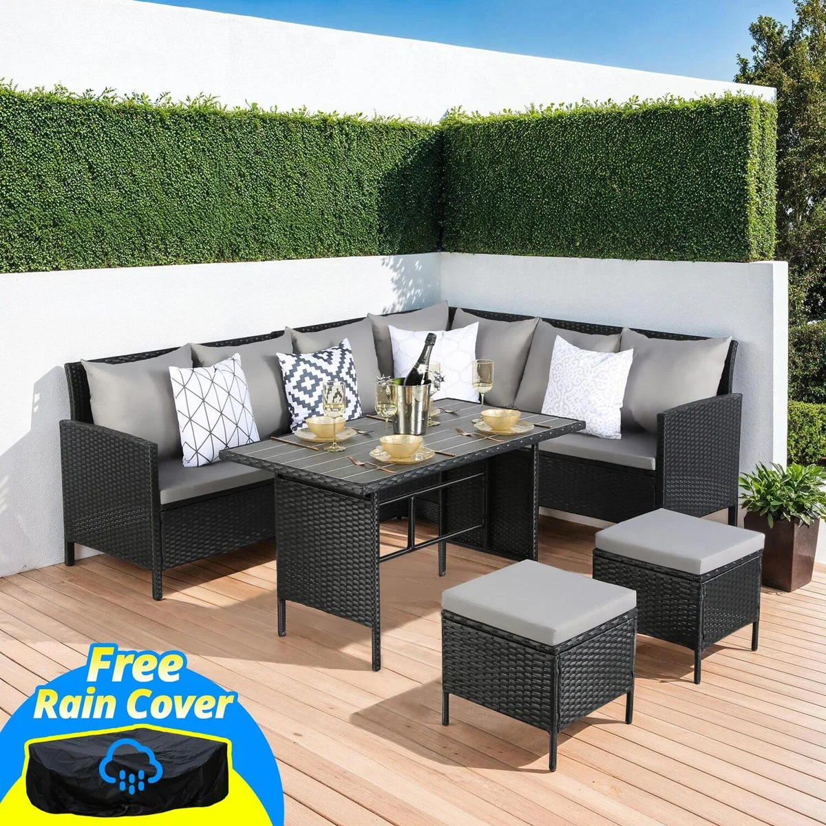 Bideford 8-Seat Rattan Corner Dining Sofa Set - Grey/Black/Grey