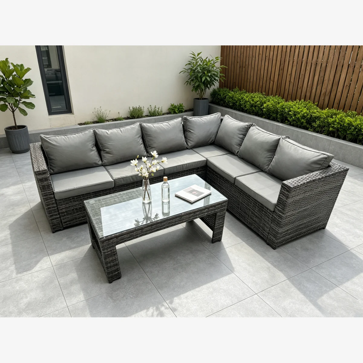 Fimous 6-Seater Rattan Corner Sofa Set with Coffee Table - Dark Grey