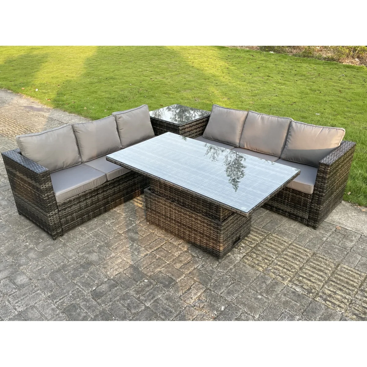 6 Seater PE Rattan Corner Sofa Set Rising Adjustable Dining Table Sets - Dark Grey Mixed – image 4