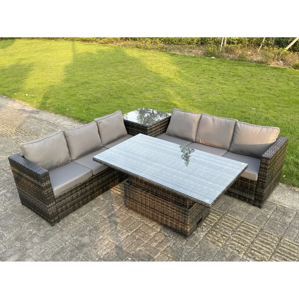 6 Seater PE Rattan Corner Sofa Set Rising Adjustable Dining Table Sets - Dark Grey Mixed – image 5