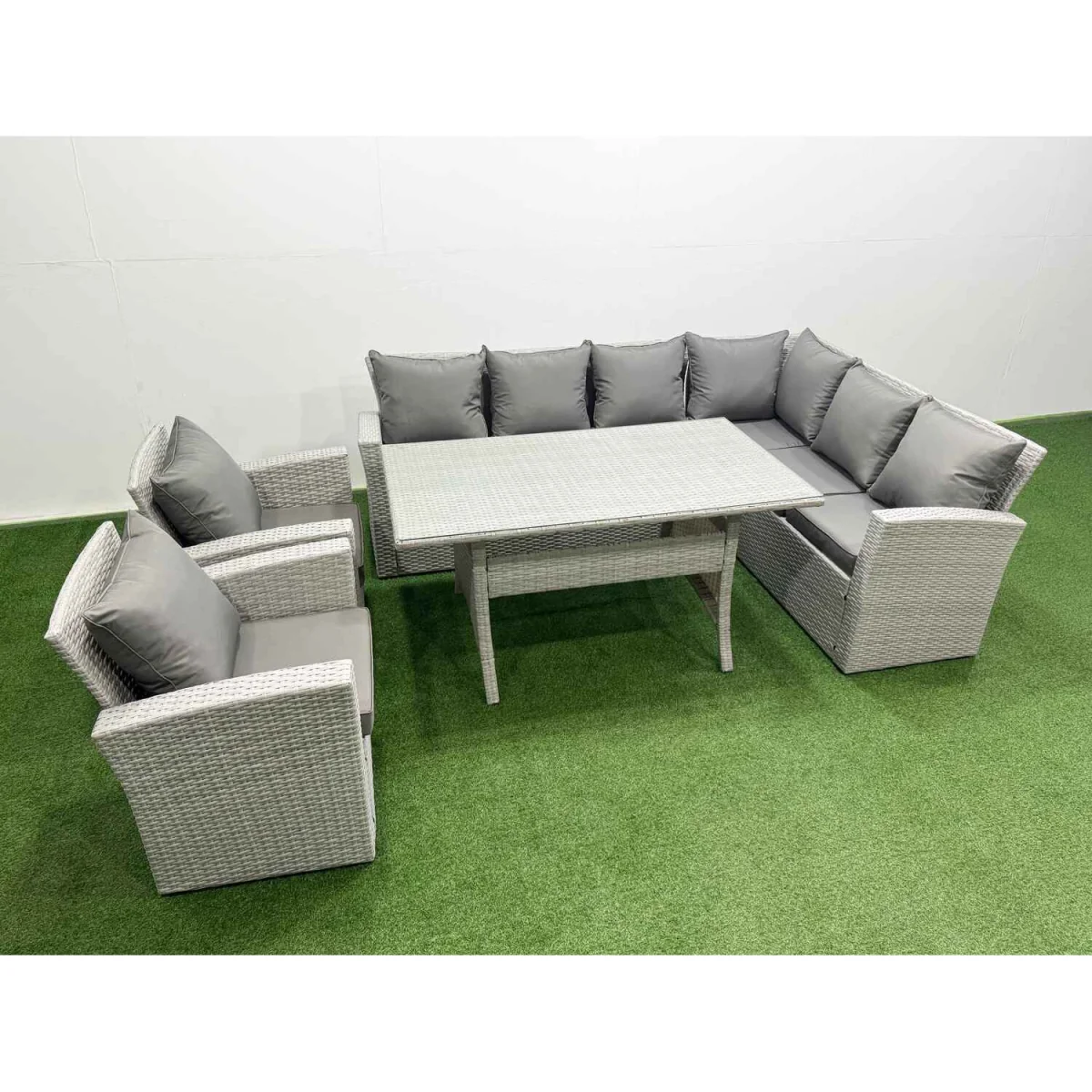 Fimous 8-Seater Rattan Corner Sofa Dining Set - Light Grey Mixed - Light grey rattan with dark grey fabric – image 5