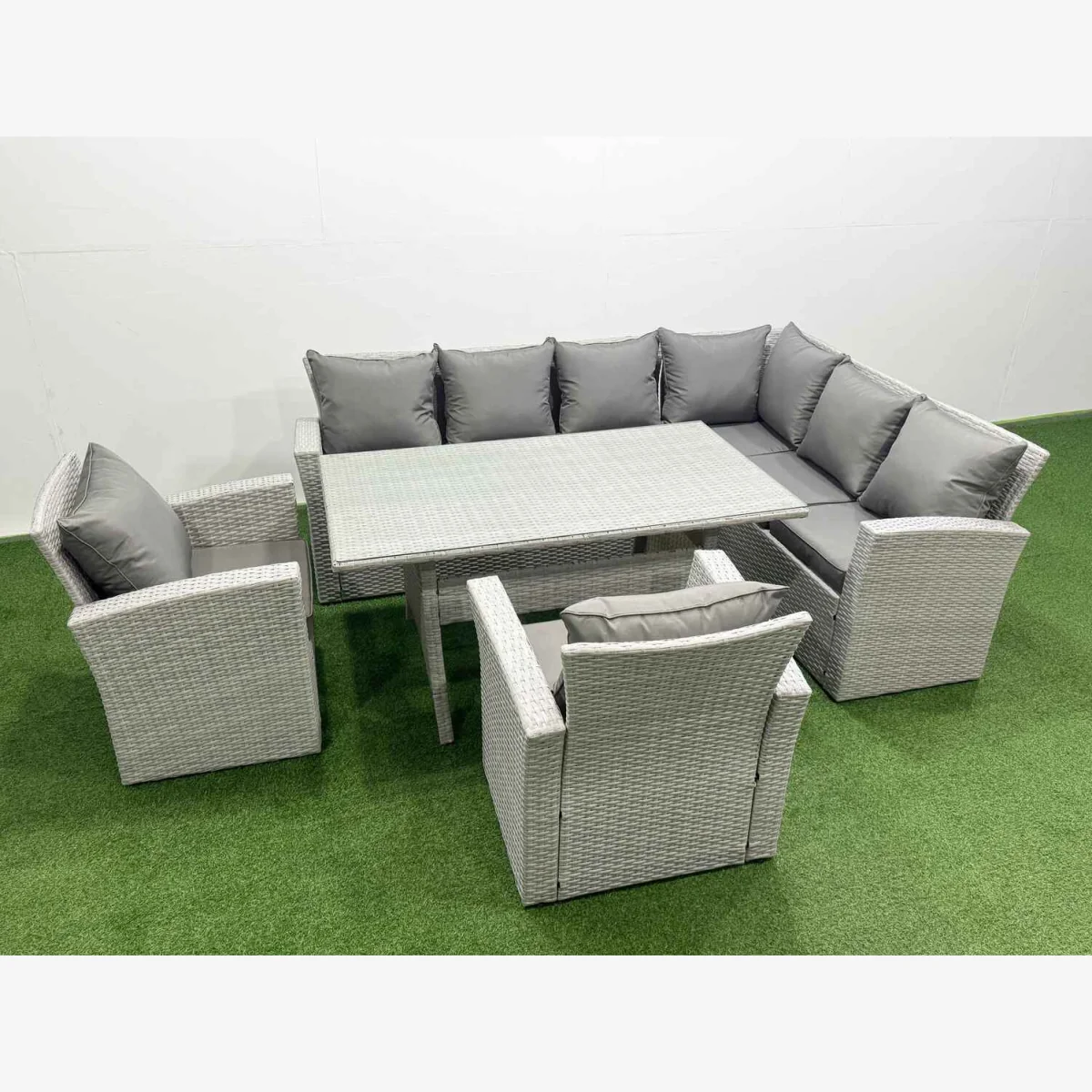 Fimous 8-Seater Rattan Corner Sofa Dining Set - Light Grey Mixed - Light grey rattan with dark grey fabric – image 1