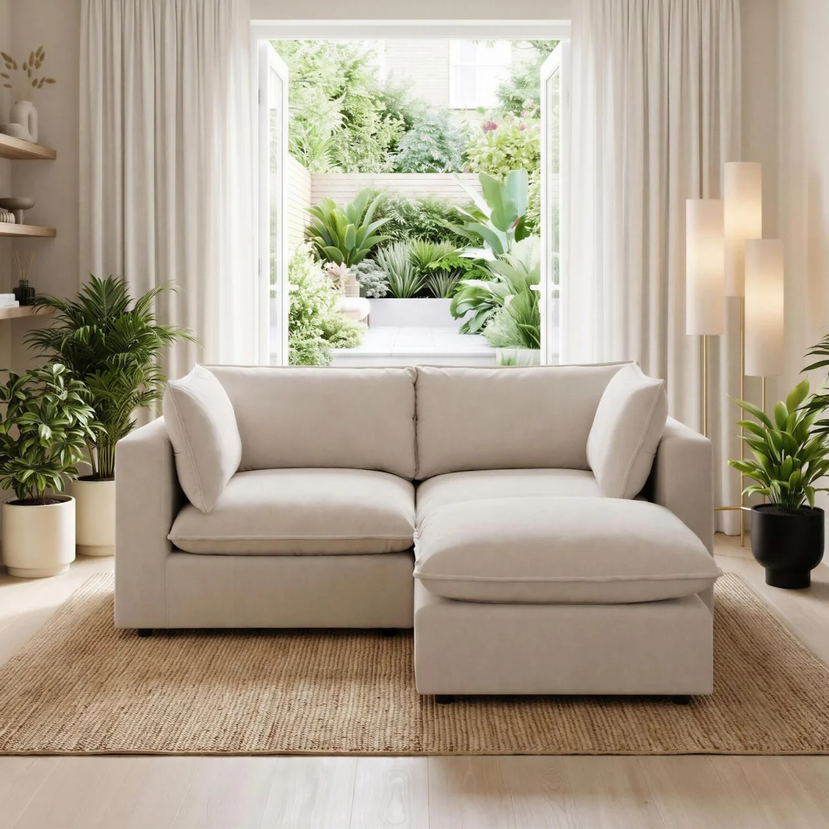 Echo Linen-Look Trim Fabric 2 Seater Modular Chaise Sofa - Cream – image 2
