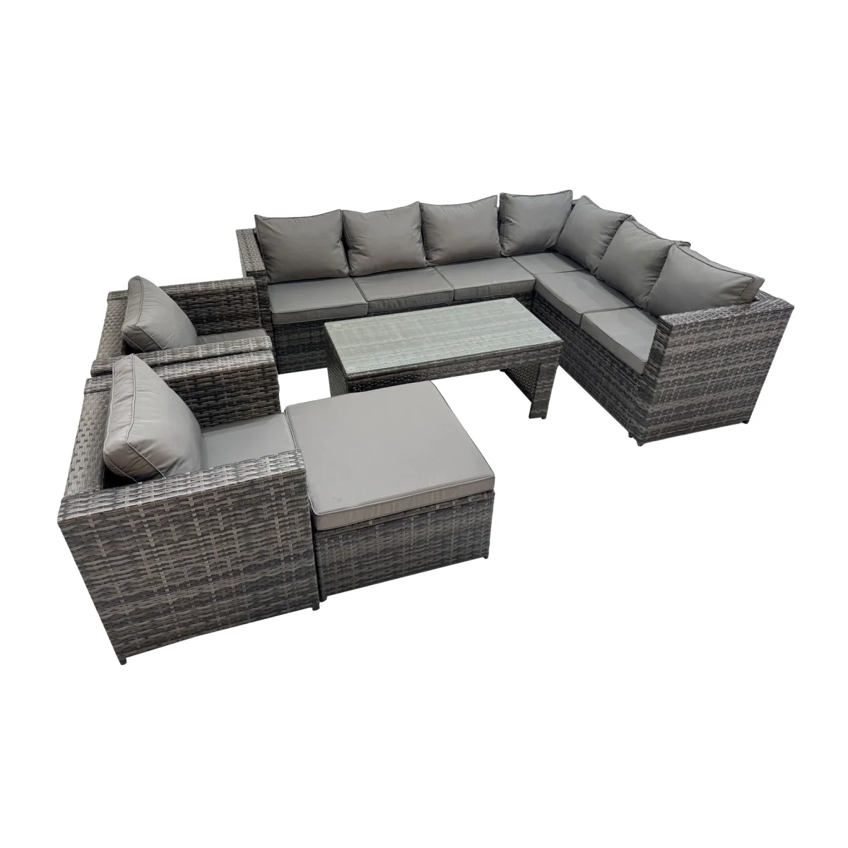 Fimous Rattan Corner Sofa with Glass Table, 2 Chairs & Footstool Dark Grey - Dark Grey Mixed – image 1