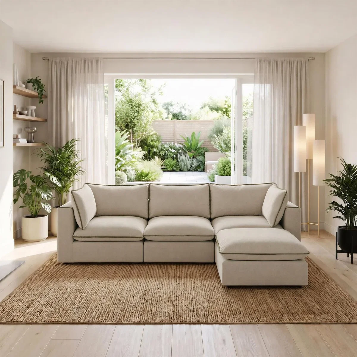 Echo Linen-Look Fabric 3 Seater Modular Chaise Sofa - Cream & Green Trim / 198cm – image 2