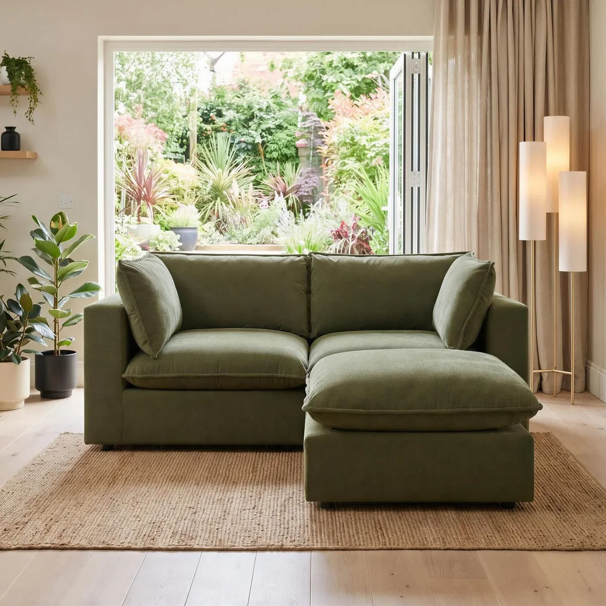 Echo Linen-Look Trim Fabric 2 Seater Modular Chaise Sofa - Green – image 2