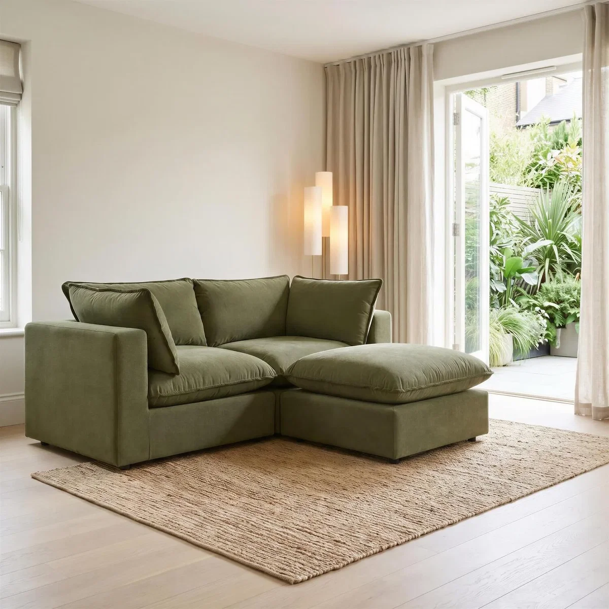Echo Linen-Look Trim Fabric 2 Seater Modular Chaise Sofa - Green – image 1
