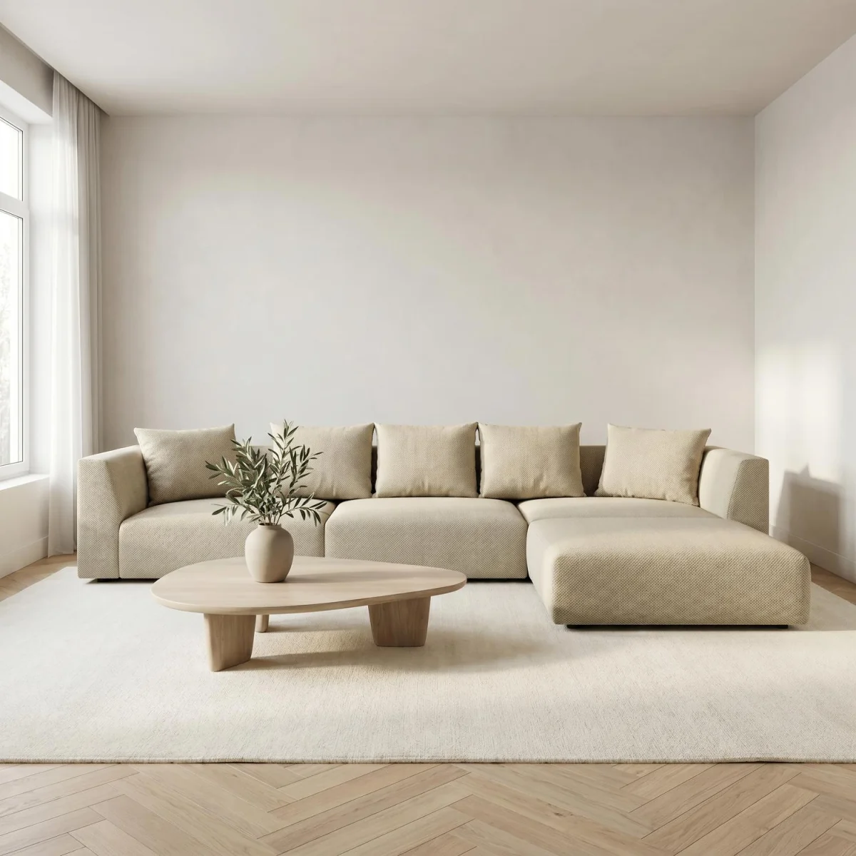 Tokyo Large Corner Sofa in Warm Beige Basket Weave Fabric with Deep Seat - Warm Beige