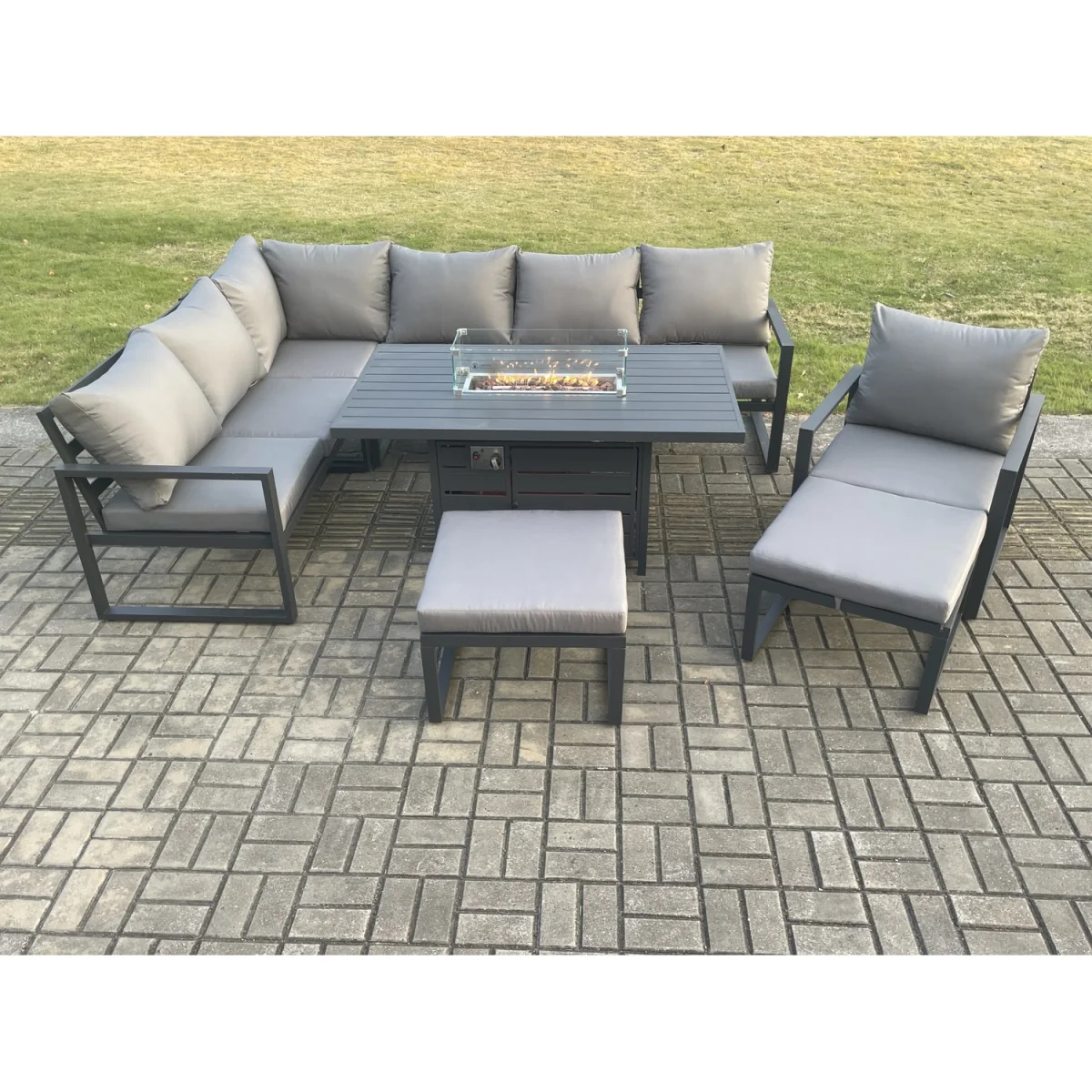 Fimous Aluminium Patio Corner Sofa Set with Gas Fire Pit Dining Table, Chair & 2 Footstools. - Dark Grey – image 2