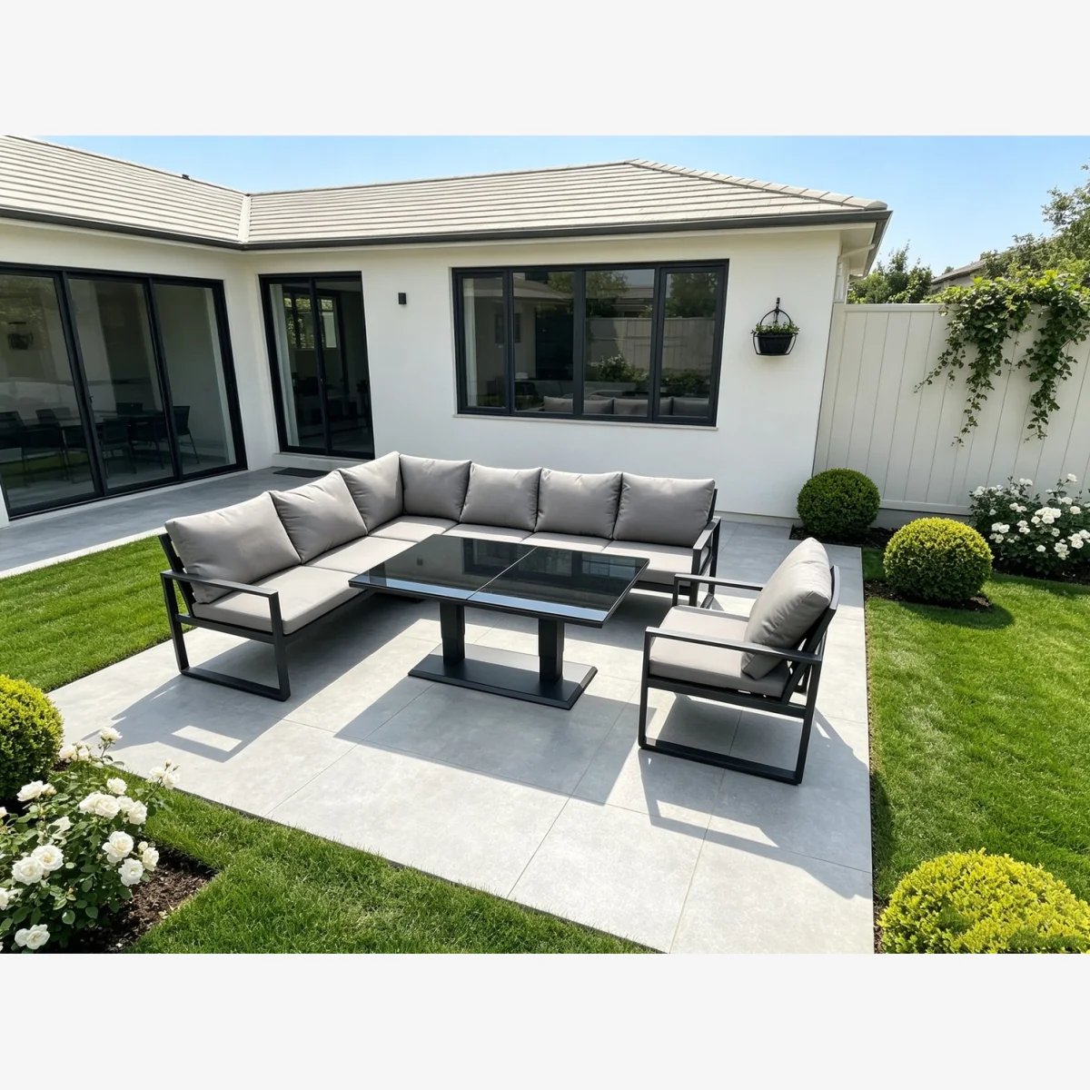 Fimous 7-Seater Corner Sofa Set with Rising Dining Table & Chair - Dark Grey