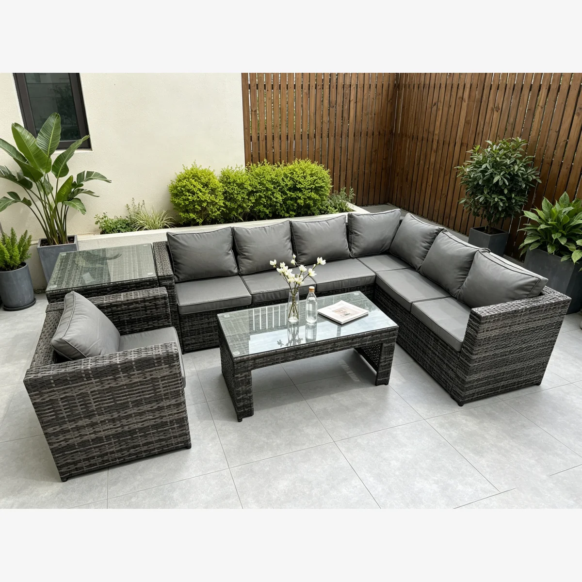 Fimous 7-Seater Rattan Corner Sofa Set with Coffee Table,Armchair - Dark Grey