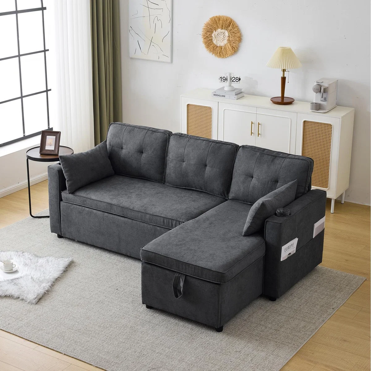 L Shaped 3-in-1 Convertible Sofa Bed with Internal Storage Chaise - Grey