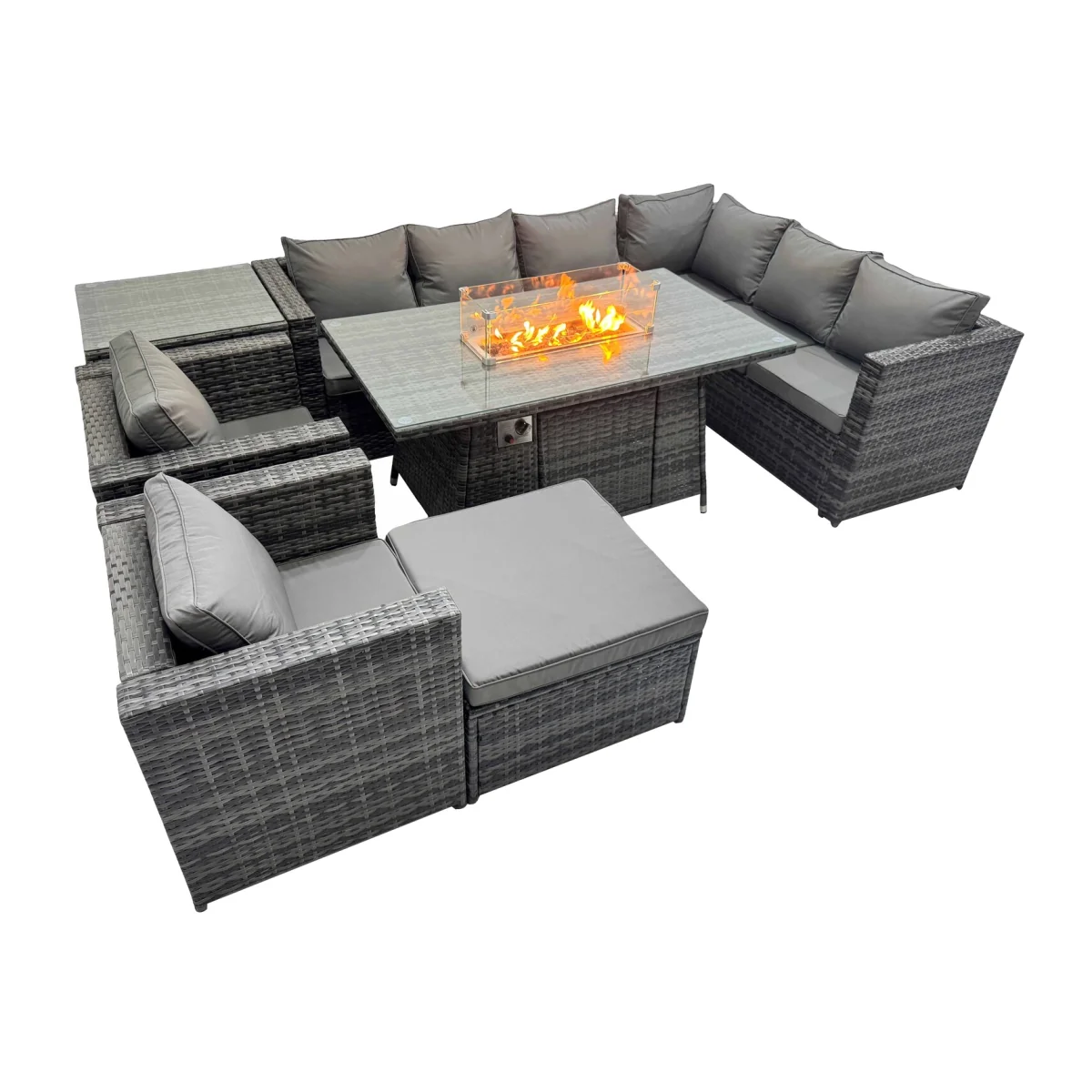 Fimous 9-Seater Rattan Corner Sofa Set with Gas Firepit, Dark Grey - Dark grey mixed rattan with dark grey fabric – image 1