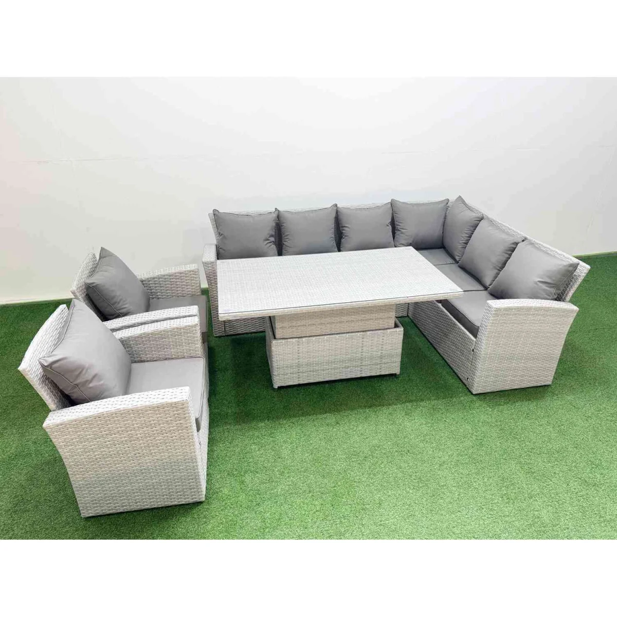 Fimous 8-Seat Rattan Corner Sofa Set with Adjustable Lift Table and 2 Armchairs Light Grey - Light Grey – image 5